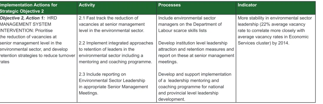 Table 3:  Implementation actions for Strategic Objective 2:  Strengthen and retain leadership skills in the environmental sector  Implementation Actions for 