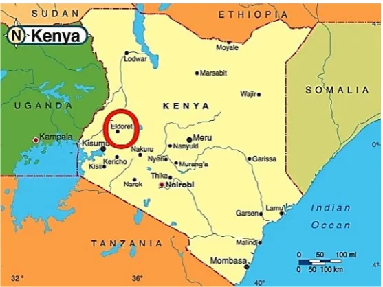 Fig. 1:  Geographic location of the study area in Eldoret Town, Kenya  (Election Watch, 2019)