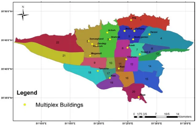 Fig. 1: Distribution map of multiplex buildings in 22 districts of Tehran Fig. 1: Distribution map of multiplex buildings in 22 districts of Tehran