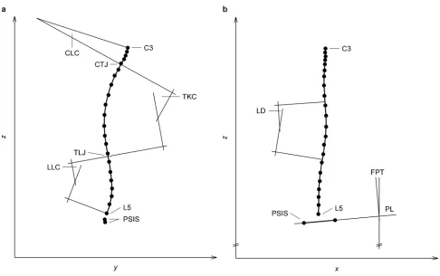 Figure 1. Definition of spinal shape variables in the sagittal plane – the right view (a) and the frontal plane – the back view (b)