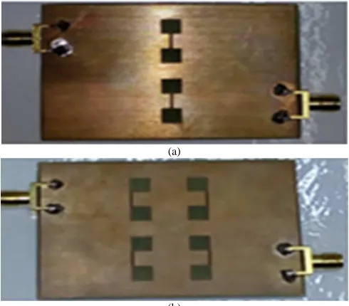 Fig. 11  Etched DGSs on dual-bandpass filter ground planes (a) one pair and (b) (b) two pairs of DGSs 