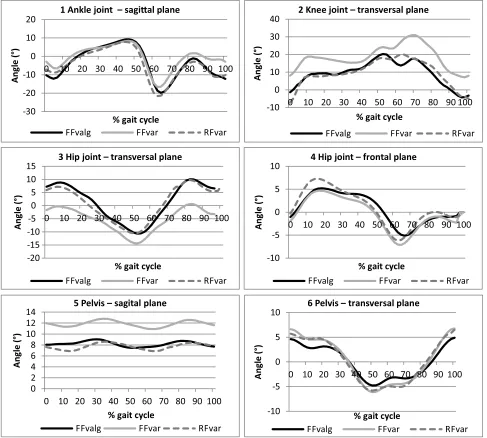 Figure 1. Graphical representation of mean values of kinematic parameters of the lower extremity joints and pelvis during walking in different foot types