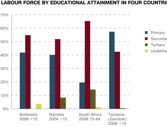 Figure 13 presents the distribution of the labour  force by educational attainment for four  Afri-can  countries:  Botswana  (2006)  for  age  group  12  years  old  and  over,  Namibia  (2004)  for  age  group  15+  years,  South  Africa  (2008)  for  age