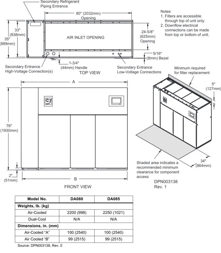 Figure 3 Cabinet and floor planning dimensions—Downflow, air-cooled, DA080, DA085, scroll and digital  scroll compressor models