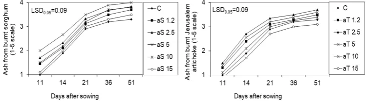 Fig. 3. The quality of roots (in 1-5-degree scale) of sorghum grown  in the Phytotoxkit plates, filled with peat substrate containing 1.2 -15% (v:v) of ash from the burnt biomass of sorghum (aS) and Jerusalem artichoke (aT)