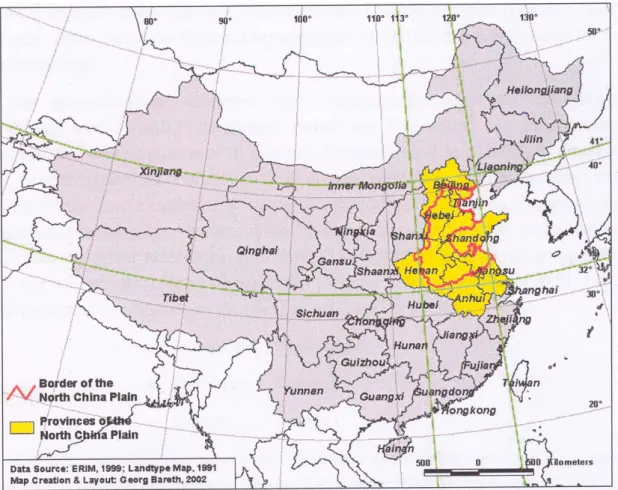 Fig. 1. Location of the North China Plain within China. (Source: Bareth 2003).  -100102030405060708090100
