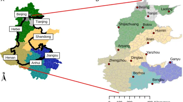 Fig. 1. Provinces of the North China Plain and the border of the North China Plain  (black line) [A] (Source: Bareth 2003, adapted and modified); location of the 