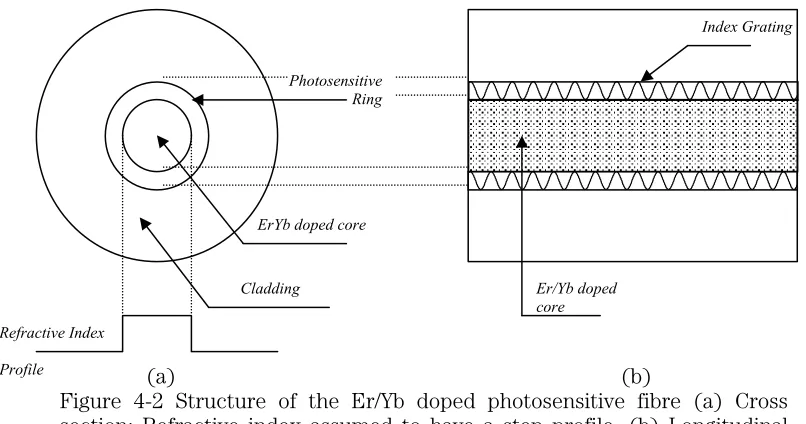 Figure 4-2 Structure of the Er/Yb doped photosensitive fibre (a) Cross section: Refractive index assumed to have a step profile