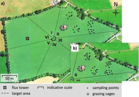 Fig. 7. Example of the sampling during rotational grazing in grasslands. Shown are only the measurements needed for grazed biomass estimation in one paddock: a – if the grazing time in each paddock is very short, b – if the grazing time in each paddock is 