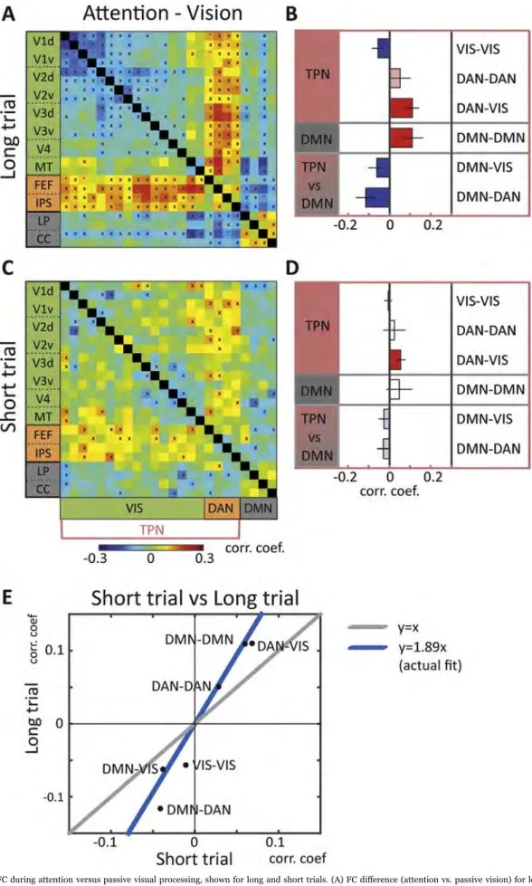 Fig. 3. Diﬀerence in FC during attention versus passive visual processing, shown for long and short trials