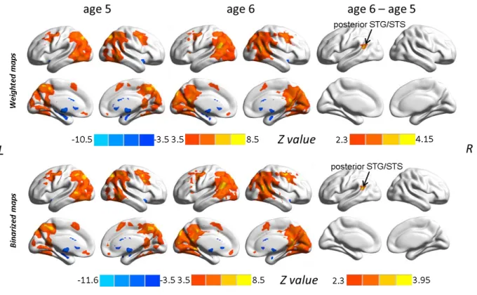 Fig. S2: Weighted (first row) and binarized (second row) maps for the degree centrality analysis