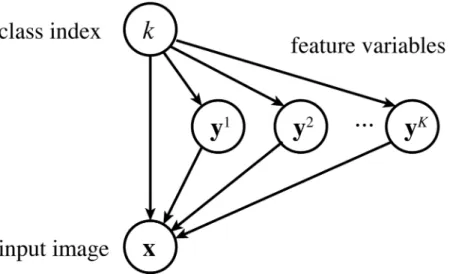 Fig 13. The graphical diagram for a mixture of sparse coding models. The variable k is first drawn from its prior, then each variable y h is drawn from a Laplace distribution depending on whether h = k or not, and finally the variable x is generated from a