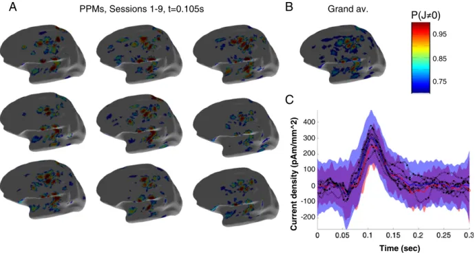 Fig. 5. The repeatability of the MSP source level estimates. Panel A shows posterior probability maps of the current density (J) on the inﬂated cortical surface at 105 ms post stimulus at each of the 9 scanning sessions from within six month period