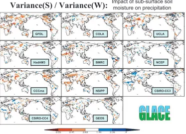 Fig. 2: Degree to which subsurface soil moisture variations influence precipitation in ten differentby the way, will alsofocus on the land’sconnection to orange values are statistically significant at the 75% level, assuming a normal distribution for these