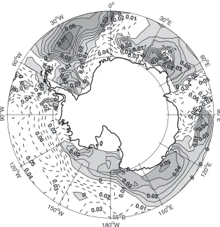 Fig. 3: First EOF spacial mode for T250. Contour line intervals in 0,01ºC.