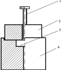 Fig. 1. Attachment to test the mechanical properties of bread crust: 1 – mandrel destructive, 2 – the upper cylindrical part,3 – space to place the sample, 4 – the lower cylindrical part.