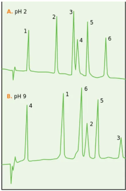 Figure 21. Elution of five peptides at pH 2.0, 4.4 and 6.5 with phosphate as the buffer