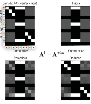 Figure 7: Structure learning. This figure shows the parameters (connection strengths) that constitute the likelihood mapping from hidden states to what outcomes—the A array for the first modality
