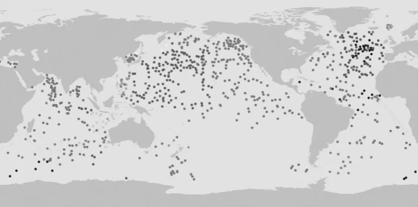 Figure 1: Float locations in March 2003 colour coded by the supplying nation.