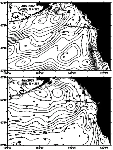 Figure 4:  Dynamic heights in the Gulf of Alaska for June 2002 and 2003.  The blue line shows the location of Line-P for reference.
