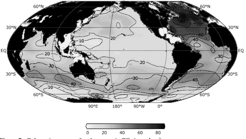 Figure 6: Air sea ﬂux patterns across the north Paciﬁc (Data from VOS project). Contour lines represent the difference in partial pressure of CO2 between seawater and air (pCO2seawater-pCO2air)