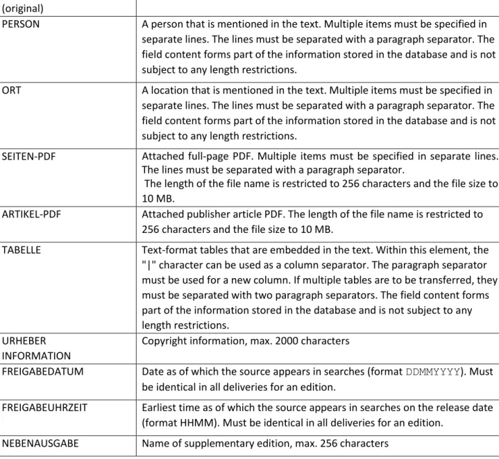 TABELLE  Text-format tables that are embedded in the text. Within this element, the 
