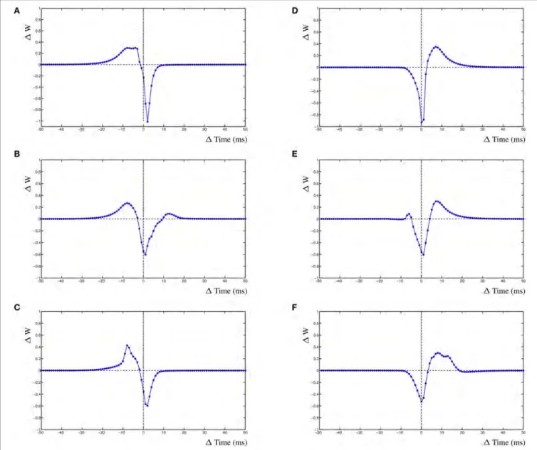 FIGURE 5 | Inhibition and the STDP curve. A single excitatory synapse and a single inhibitory synapse interact by modifying the postsynaptic activity