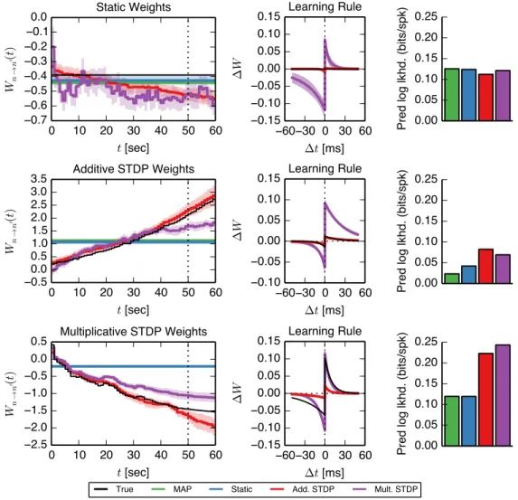 Figure 2: We fit time-varying weight trajectories to spike trains simulated from a GLM with two neurons undergoing no plasticity (top row), an additive, unbounded STDP rule (middle), and a multiplicative, saturating STDP rule (bottom row)