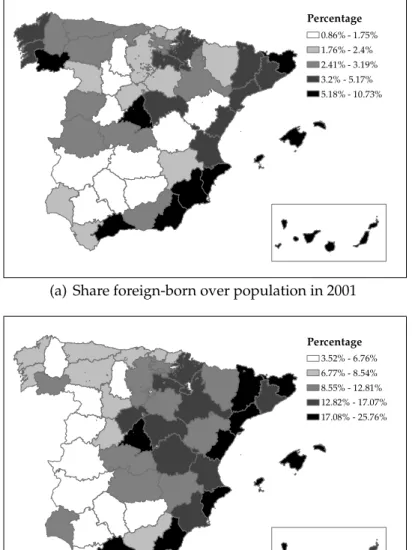 Figure A.2: Spatial distribution of share and growth of foreign-born Percentage 0.86% - 1.75% 1.76% - 2.4% 2.41% - 3.19% 3.2% - 5.17% 5.18% - 10.73%
