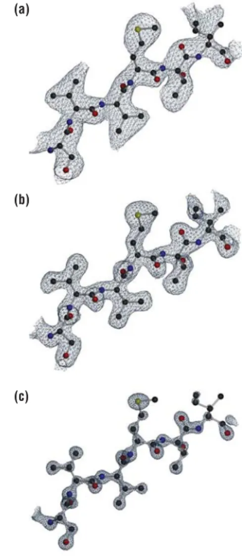 Figure 5-1  Portion of a protein electron density map at three different resolutions The peptide corresponding to the electron density map (serine, valine, valine, methionine, threonine, isoleucine) is superimposed
