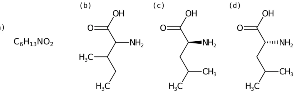 Figure 2.1: Different molecule representations of leucine and isoleucine. (a) Both molecules have the same molecular formula