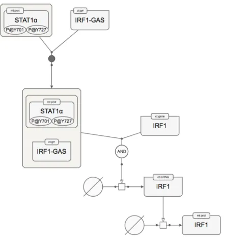 Figure 1 An example sample biological network in SBGN PD notation as rendered by SBGNViz.js 