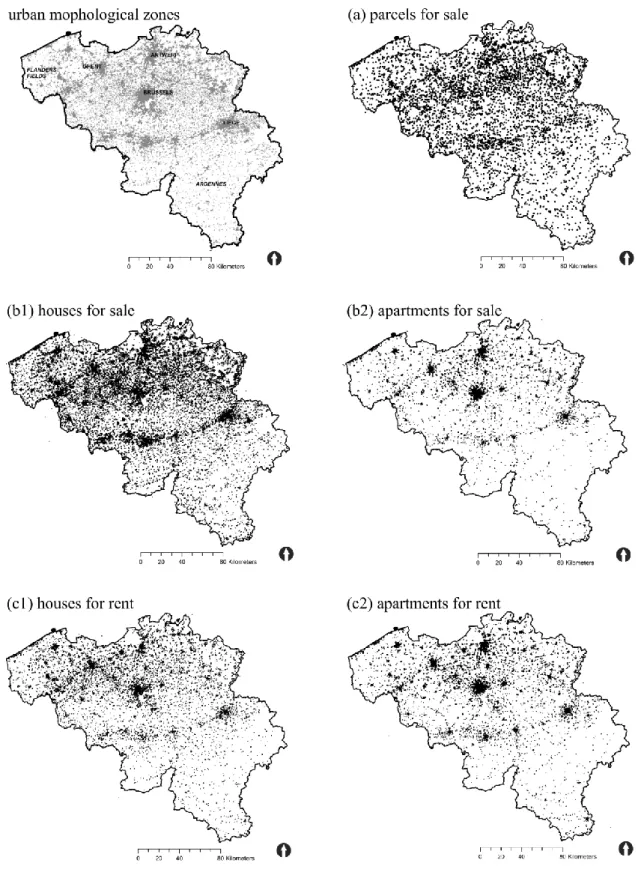 Figure  1:  Basic real estate data  for  the  segmented  housing  market  in  2014 ((a) parcels,  (b1-2)  buyers’ market and (c1-2) rental market)