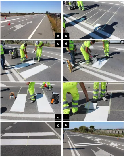Figure 4. Sample fabrication process: (a) traffic diversion; (b) sample sketching with chalk and adhesive tape; (c) spraying of base material; (d) application of drop-on material; (e) in-situ test sample finished; (f) laboratory specimen fabrication; (g) t