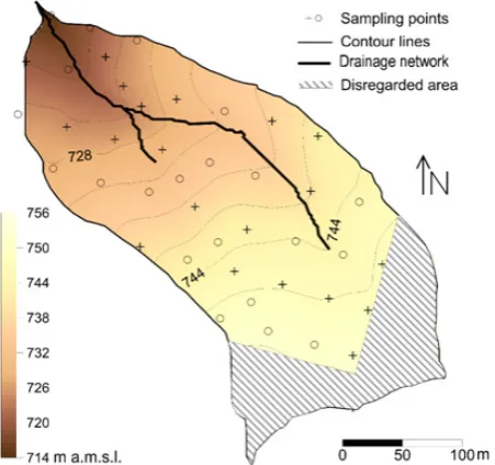 Fig. 1. Topographical characterisation of the catchment: Contour lines, drainage network and location of soil sampling points