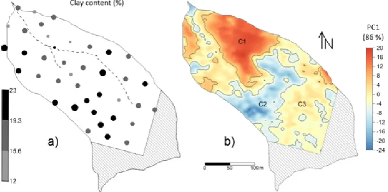 Fig. 3. a) Location map for clay content (%). The diameter of the circles is proportional to the values, and b) map of the first principal component (PC1) overlying the limits of clases C1, C2 and C3