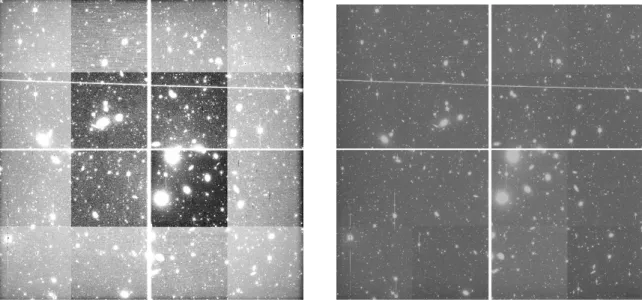 Figure 3.4: The central section of the A426 r-band image before (left) and after (right) applying bias and flat field corrections.