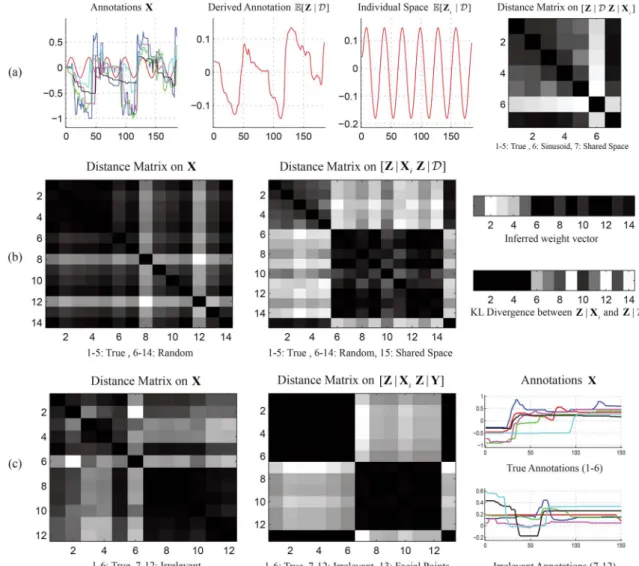 Fig. 7. Annotation filtering and ranking (black - low, white - high). (a) Experiment with a structured false annotation (sinusoid)