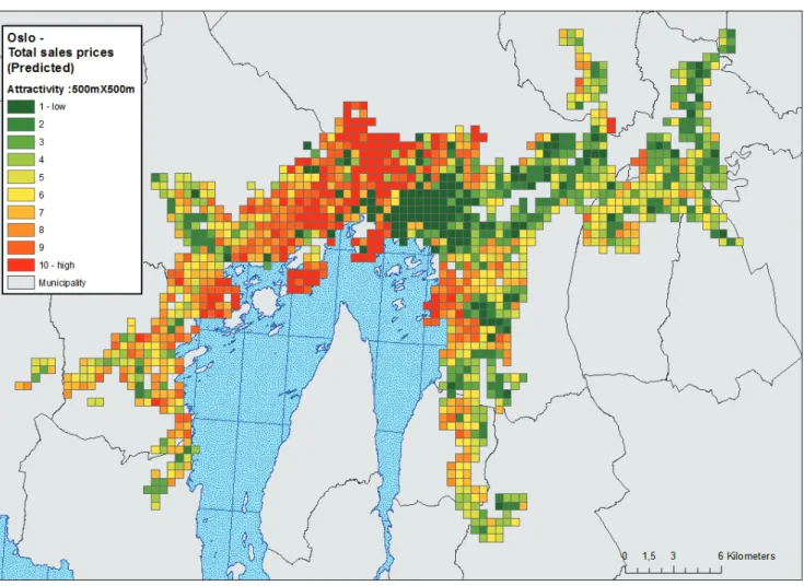 Figure 1.1.   Urban attractivity index on 500m X 500m grid for the city of Oslo: index 1-10, (Proxy for attractivity: Total sales  prices) 