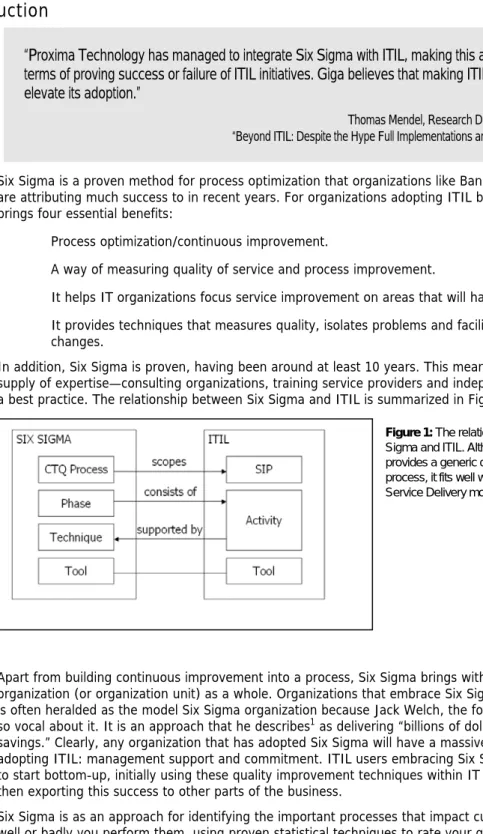 Figure 1: The relationship between Six  Sigma and ITIL. Although Six Sigma  provides a generic quality management  process, it fits well with the structure of ITIL  Service Delivery module