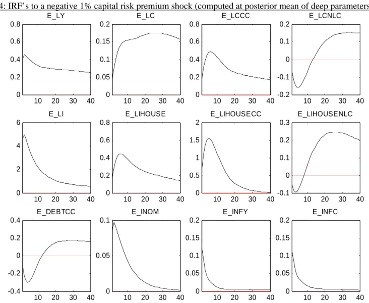 FIGURE 4: IRF’s to a negative 1% capital risk premium shock (computed at posterior mean of deep parameters) 