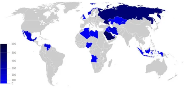 Figure 8.4. Major crude oil exporters, 2005, million tonnes of oil annually Source: Data from BP Annual Review (cited Stopford (2009))
