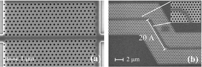 Fig. 1. Scanning electron micrographs of (a) a 10 µlong PhCW containing two modified 60m long straight PhCW and (b) a 150 µm ° bends, which are separated by a 20Λ long straight PhCW