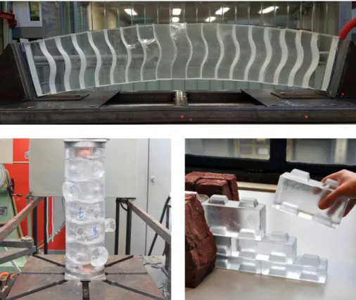 FIG. 7.4  Interlocking glass block systems currently explored. Top: Tested prototype of the glass arch bridge  by (Snijder et al