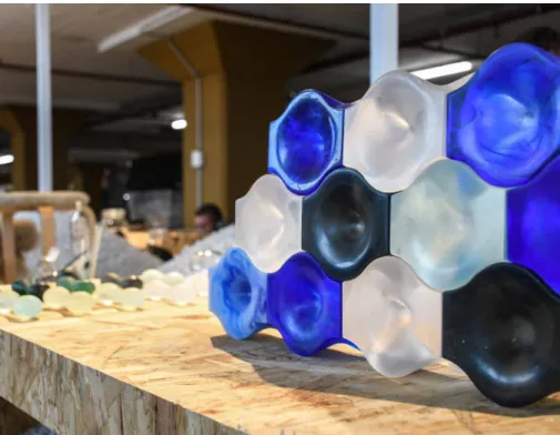 FIG. 7.15  Prototype with osteomorphic blocks made using various types of waste glass, exhibited at the  Dutch Design Week 2018