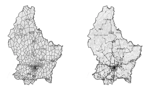 Figure 4.2: Voronoi tessellation and cell transition example for the country of Luxembourg.