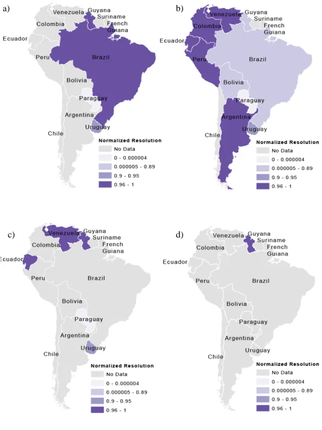 Figure 2.  Resolutions of housing datasets important to Chagas disease risk by mean area  and normalized by total country area for the variables: (a) percent of households with  non-durable wall material (b) percent of households with natural floors (c) pe