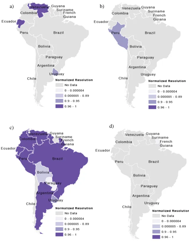 Figure 5.  Resolutions of migration and age datasets important to Chagas disease risk by  mean area and normalized by total country area for the variables: (a) “Where did census  respondent live five years ago: In another place of the country,” (b) percent