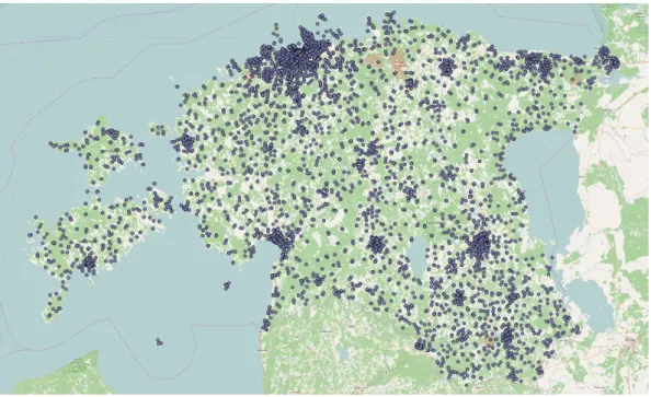 Figure 3: Cell tower locations in Estonia from OpenCellID API.