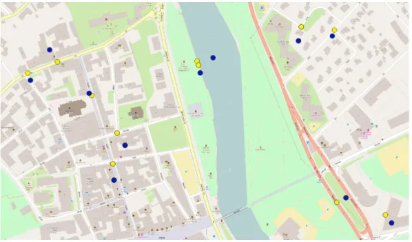 Figure 6: Cell coverage area centroid and nearest node in OSM. The centroids are in blue and nearest nodes are in yellow.